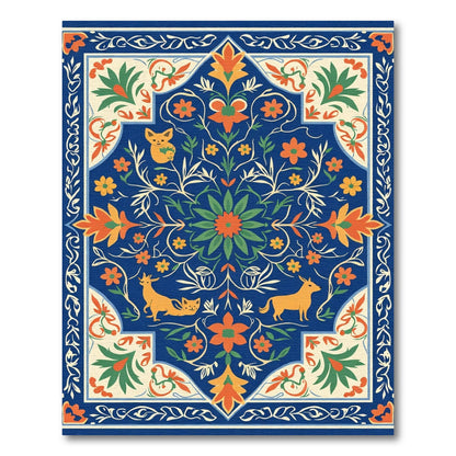 Deep Blue Floral Animal Garden Rug