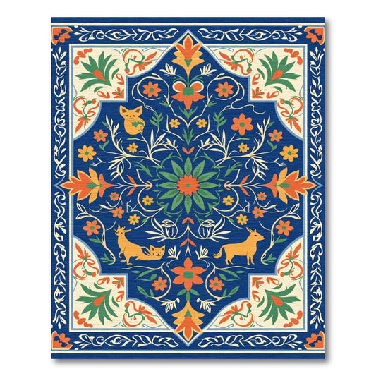 Deep Blue Floral Animal Garden Rug
