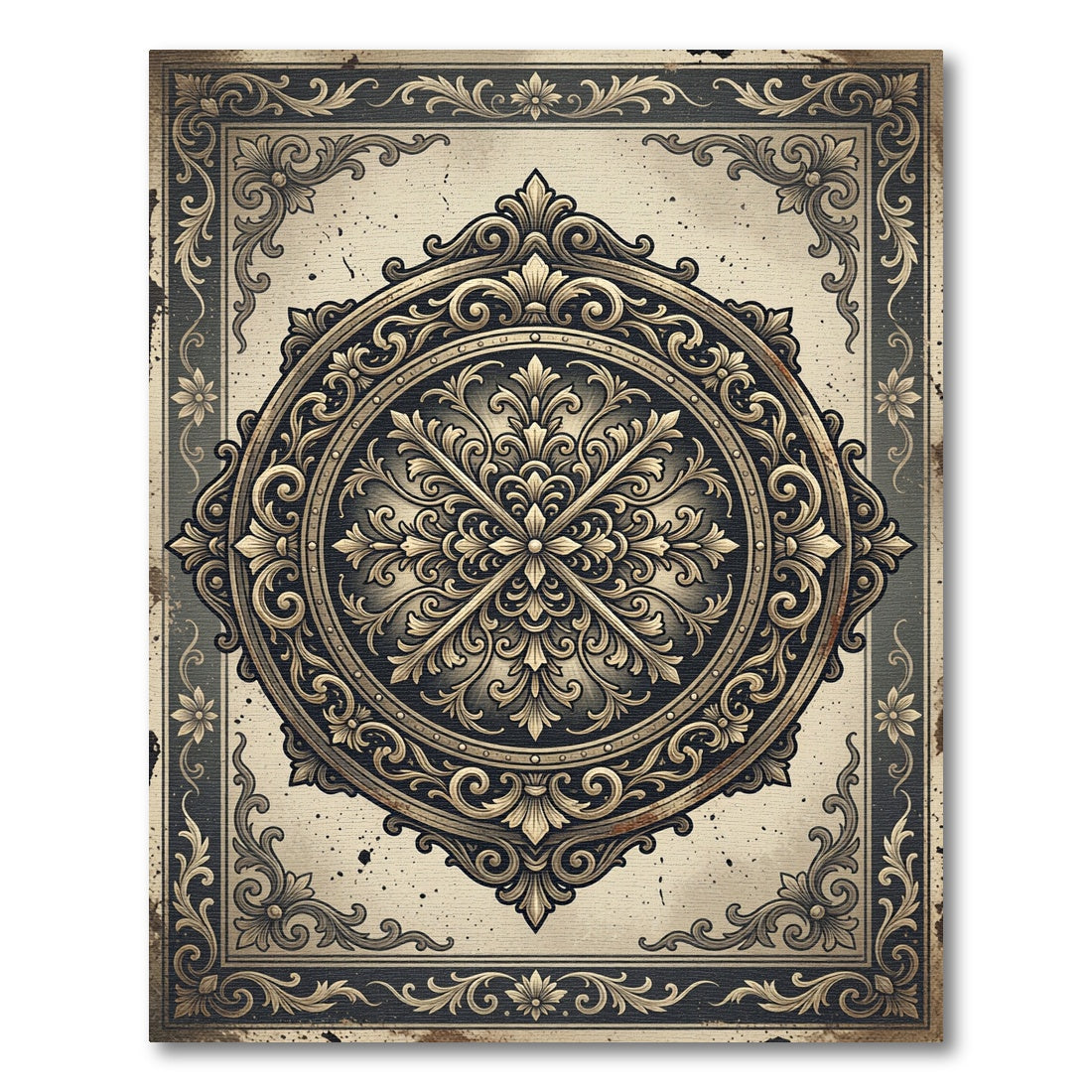 Ornate Gold Floral Medallion Charcoal Grey Rug