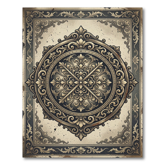 Ornate Gold Floral Medallion Charcoal Grey Rug