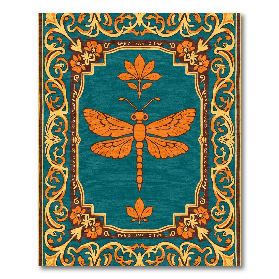 Orange Dragonfly Teal Floral Border Rug
