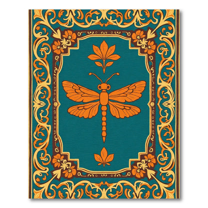 Orange Dragonfly Teal Floral Border Rug