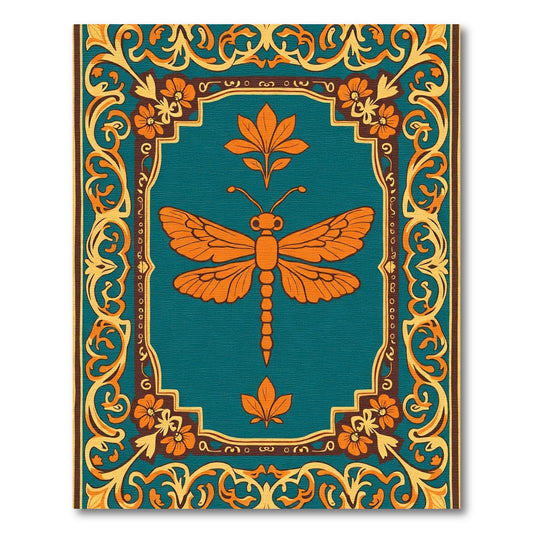 Orange Dragonfly Teal Floral Border Rug