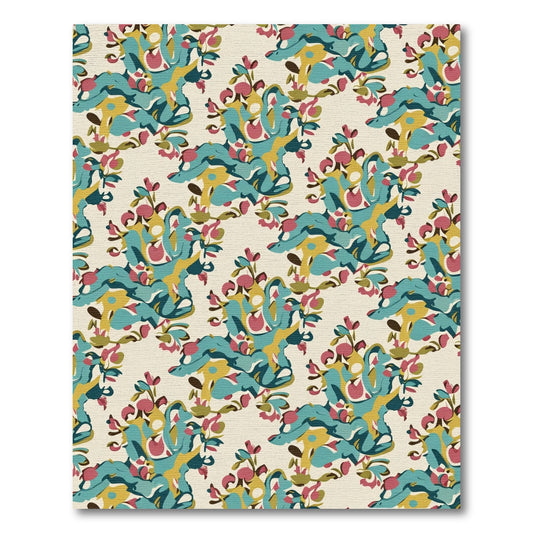 Abstract Teal Red Golden Floral Arrangement Rug
