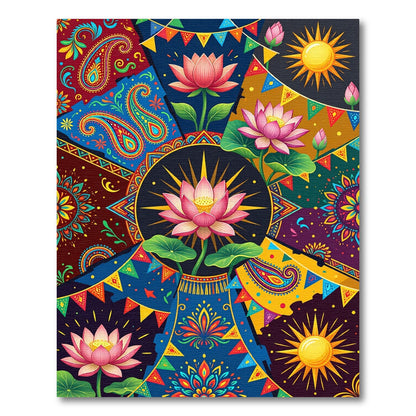 Vibrant Paisley Lotus Sun Bunting Collage Rug