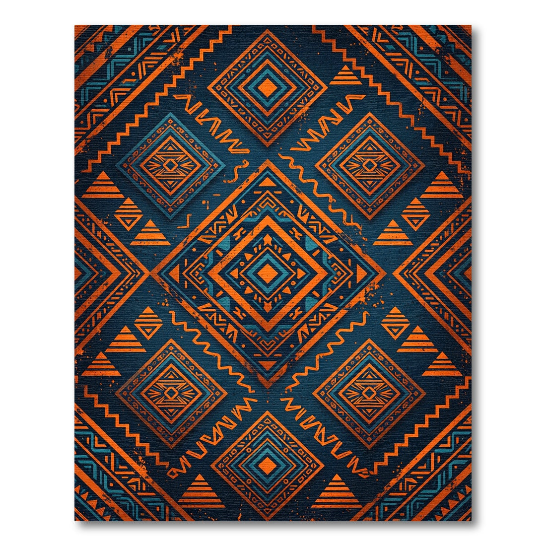 Vibrant Orange Blue Geometric Tribal Diamond Rug