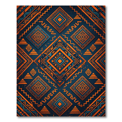 Vibrant Orange Blue Geometric Tribal Diamond Rug