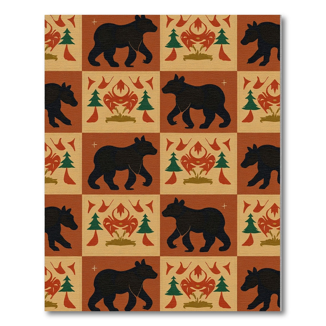 Black Bear Forest Folk Red Floral Rug