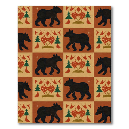 Black Bear Forest Folk Red Floral Rug