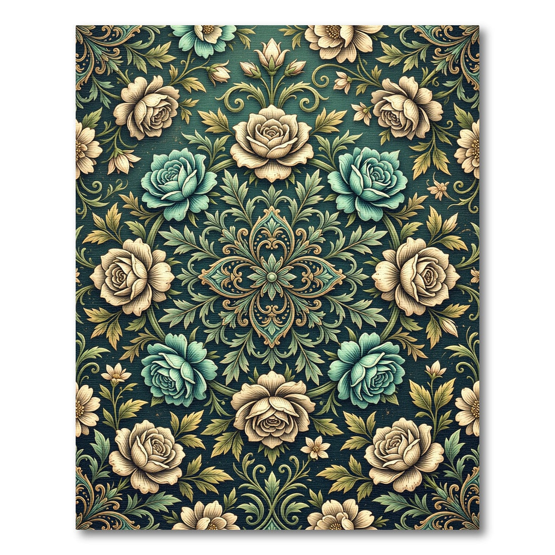 Vintage Teal and Beige Floral Medallion Rug