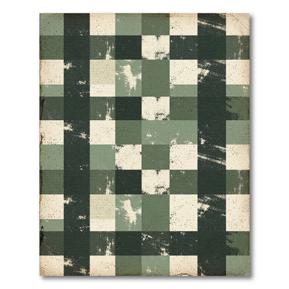 Distressed Sage Olive Checkered Grid Rug