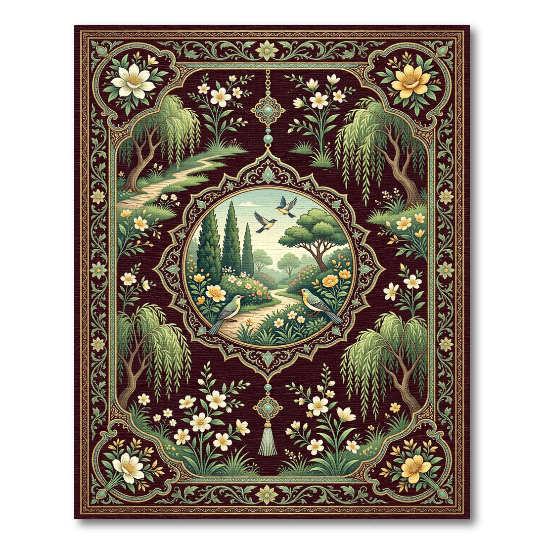 Crimson Garden Birds Medallion Rug