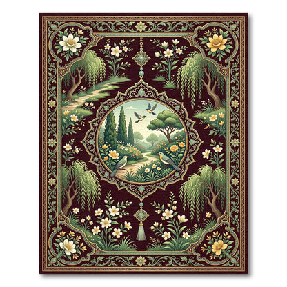 Crimson Garden Birds Medallion Rug