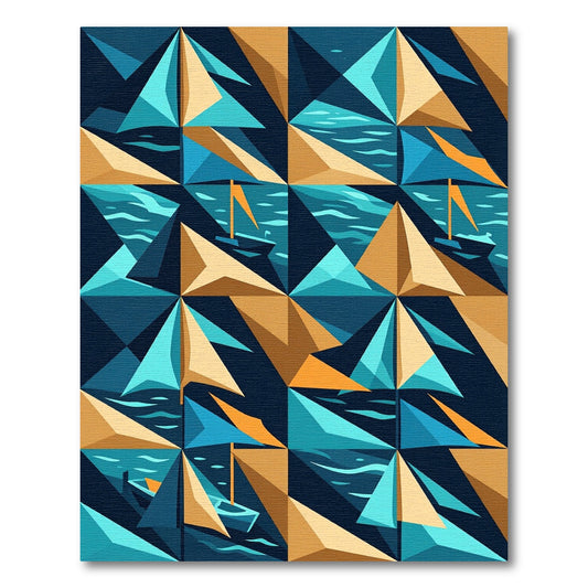 Geometric Abstract Nautical Sailboat Blue Gold Rug