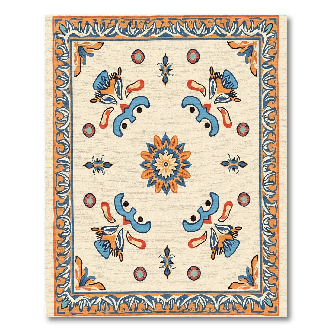 Cream Blue Orange Floral Medallion Rug