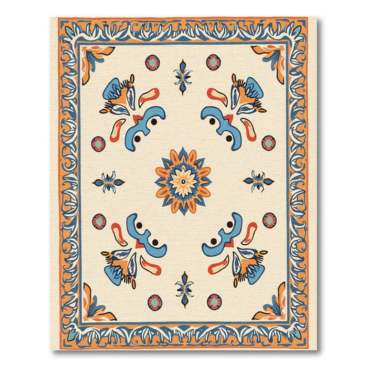Cream Blue Orange Floral Medallion Rug