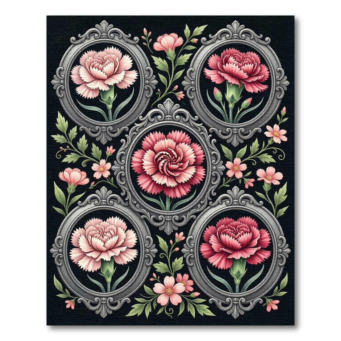 Vintage Framed Carnation Botanical Floral Rug
