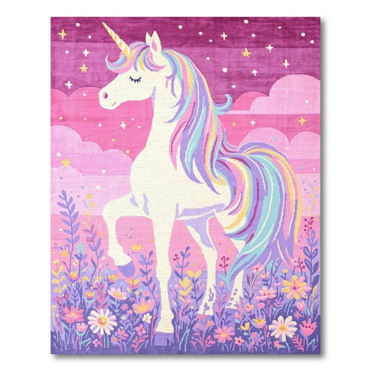Whimsical Purple Unicorn Rainbow Stars Rug