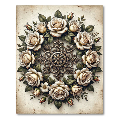 Cream Floral Rose Baroque Medallion Rug