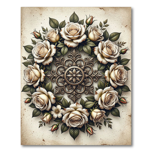 Cream Floral Rose Baroque Medallion Rug