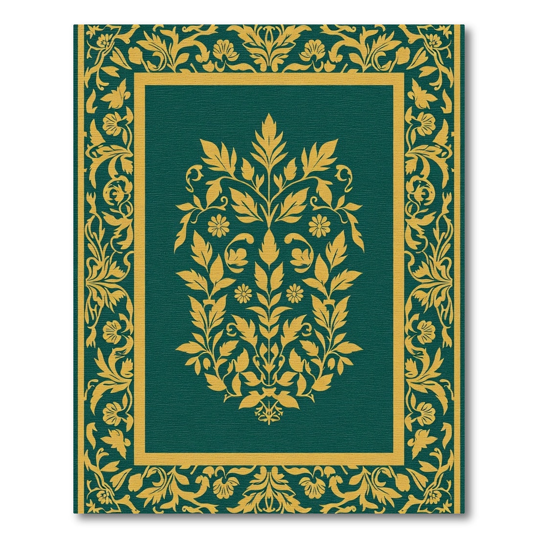 Emerald Green Golden Floral Border Rug