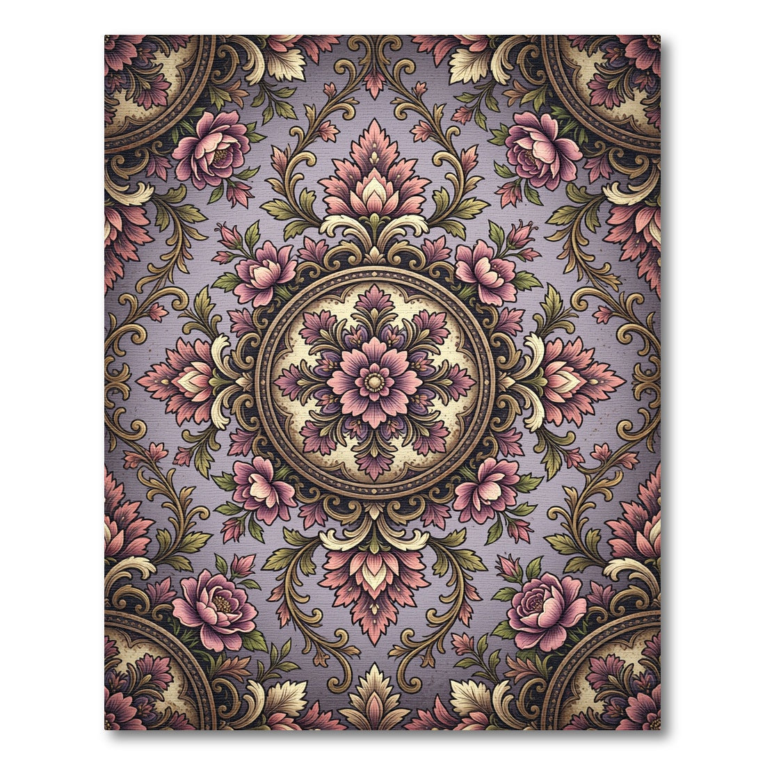 Vintage Mauve Floral Medallion Scroll Rug