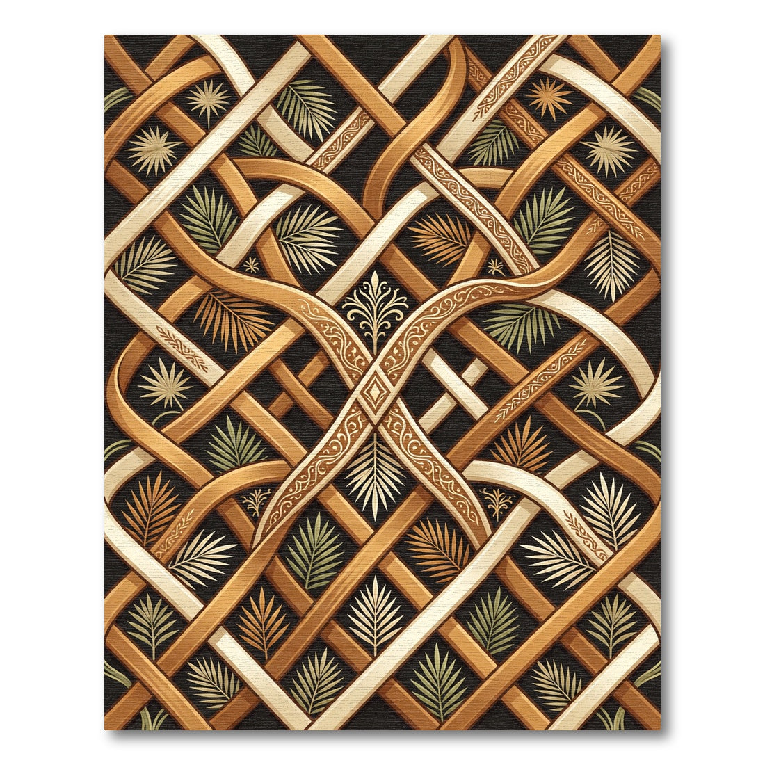 Intricate Gold Beige Interwoven Leaf Rug