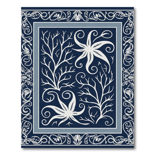 Navy White Coral Starfish Border Rug