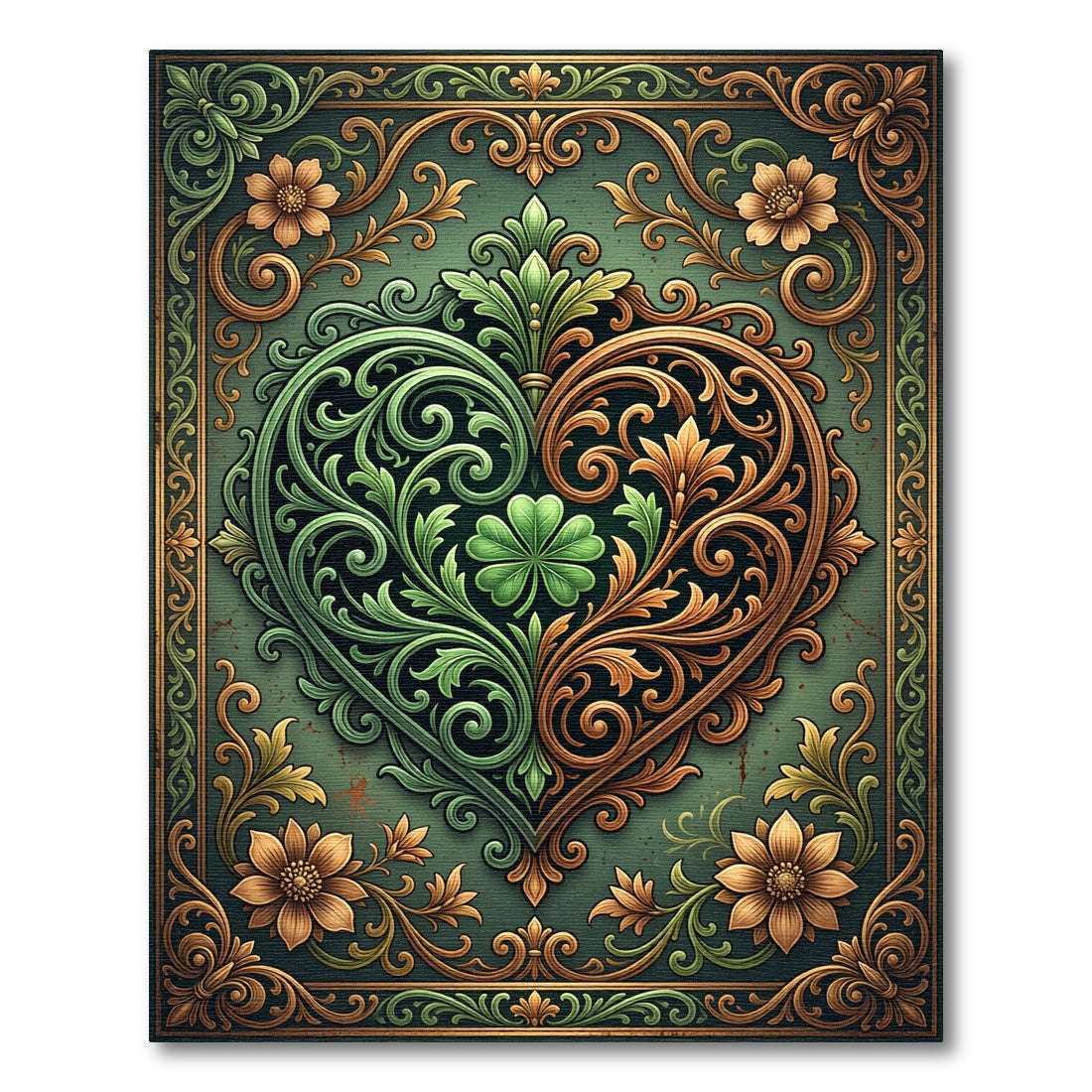 Ornate Emerald and Gold Clover Heart Rug