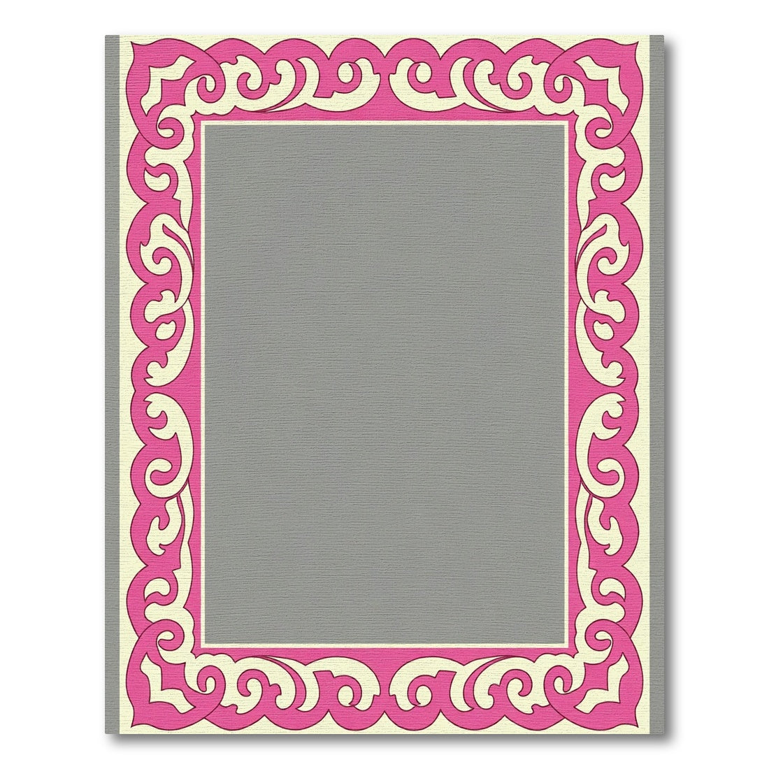 Ornate Pink Ivory Scrollwork Frame Rug