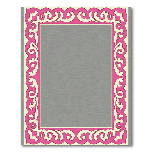 Ornate Pink Ivory Scrollwork Frame Rug