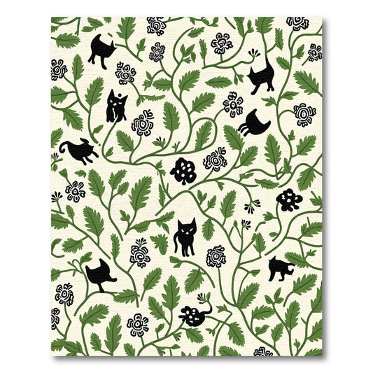 Black Cats Green Vines Floral Garden Rug