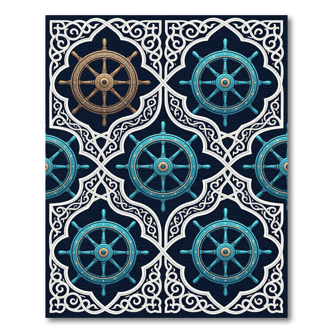 Nautical Teal and Gold Helm Lattice Rug