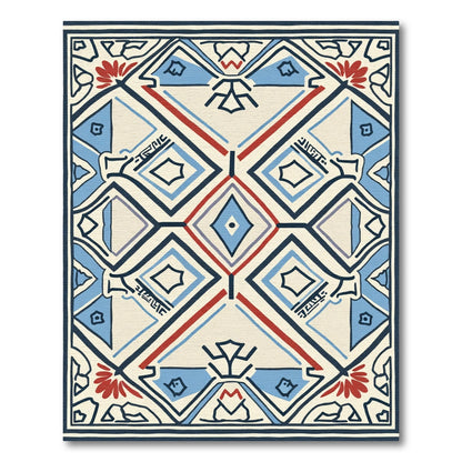 Bold Red Blue Geometric Diamond Rug