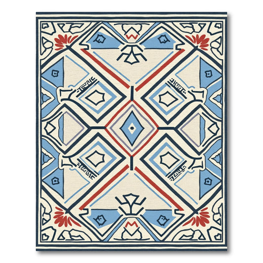 Bold Red Blue Geometric Diamond Rug
