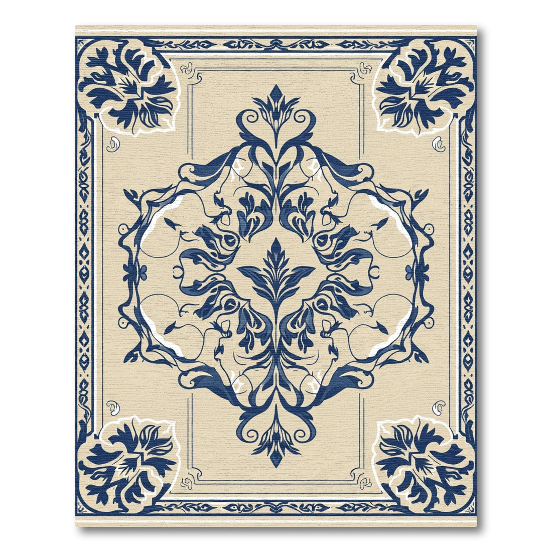 Ornate Ivory and Navy Floral Medallion Rug