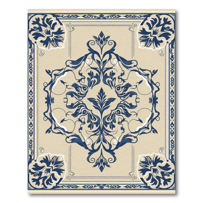 Ornate Ivory and Navy Floral Medallion Rug