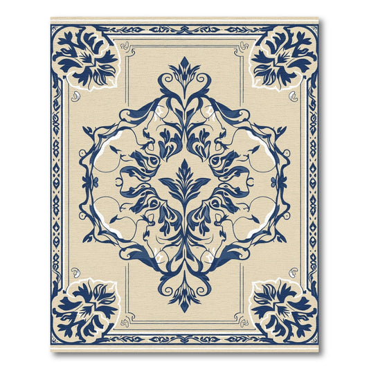 Ornate Ivory and Navy Floral Medallion Rug