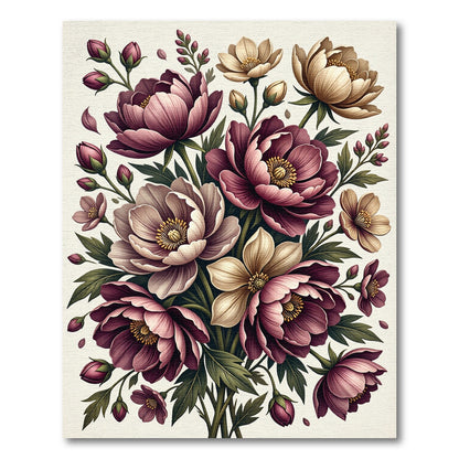 Elegant Burgundy Peony Botanical Bouquet Rug