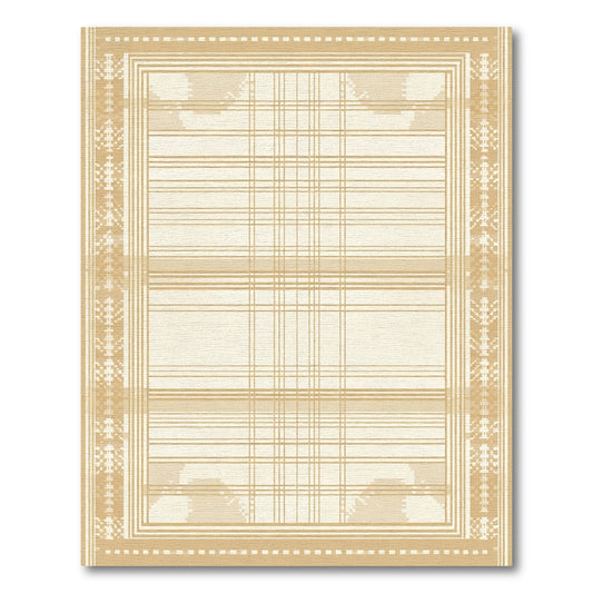 Cream Tan Striped Geometric Border Rug