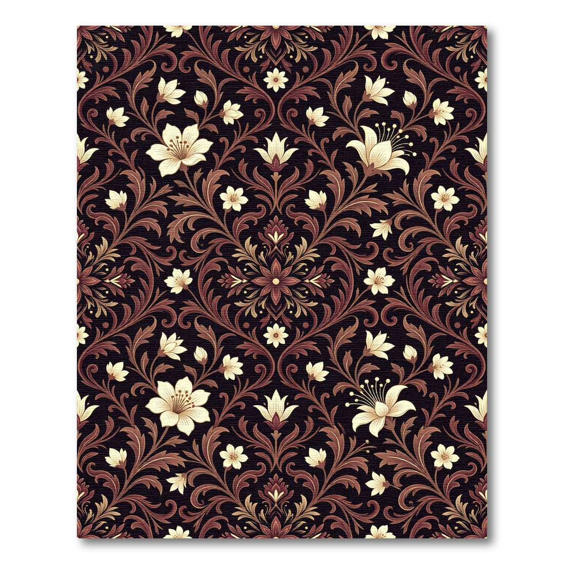 Dark Cream Floral Damask Scroll Rug