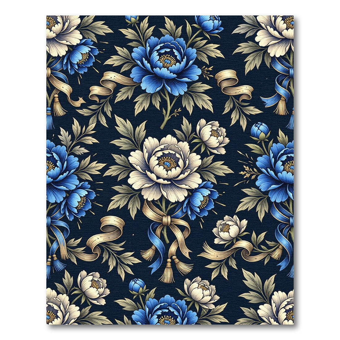 Blue Peony Botanical Ribbon Arrangement Rug