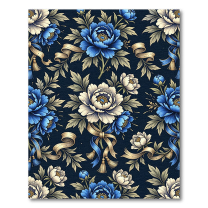 Blue Peony Botanical Ribbon Arrangement Rug
