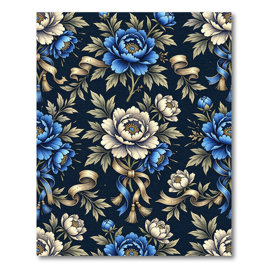 Blue Peony Botanical Ribbon Arrangement Rug