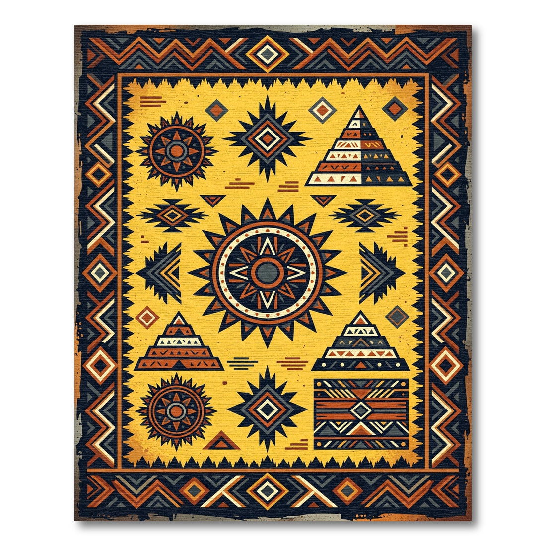 Golden Earthy Tribal Geometric Sun Art Rug
