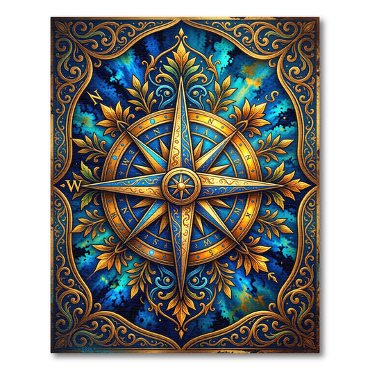Antique Blue Golden Compass Rose Rug