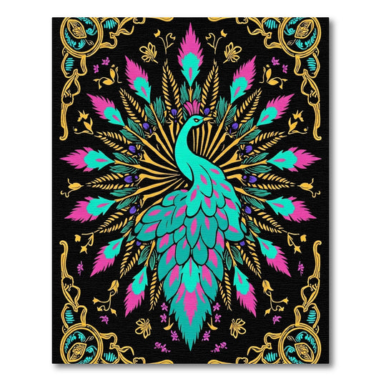 Vibrant Peacock Teal Pink Gold Art Rug