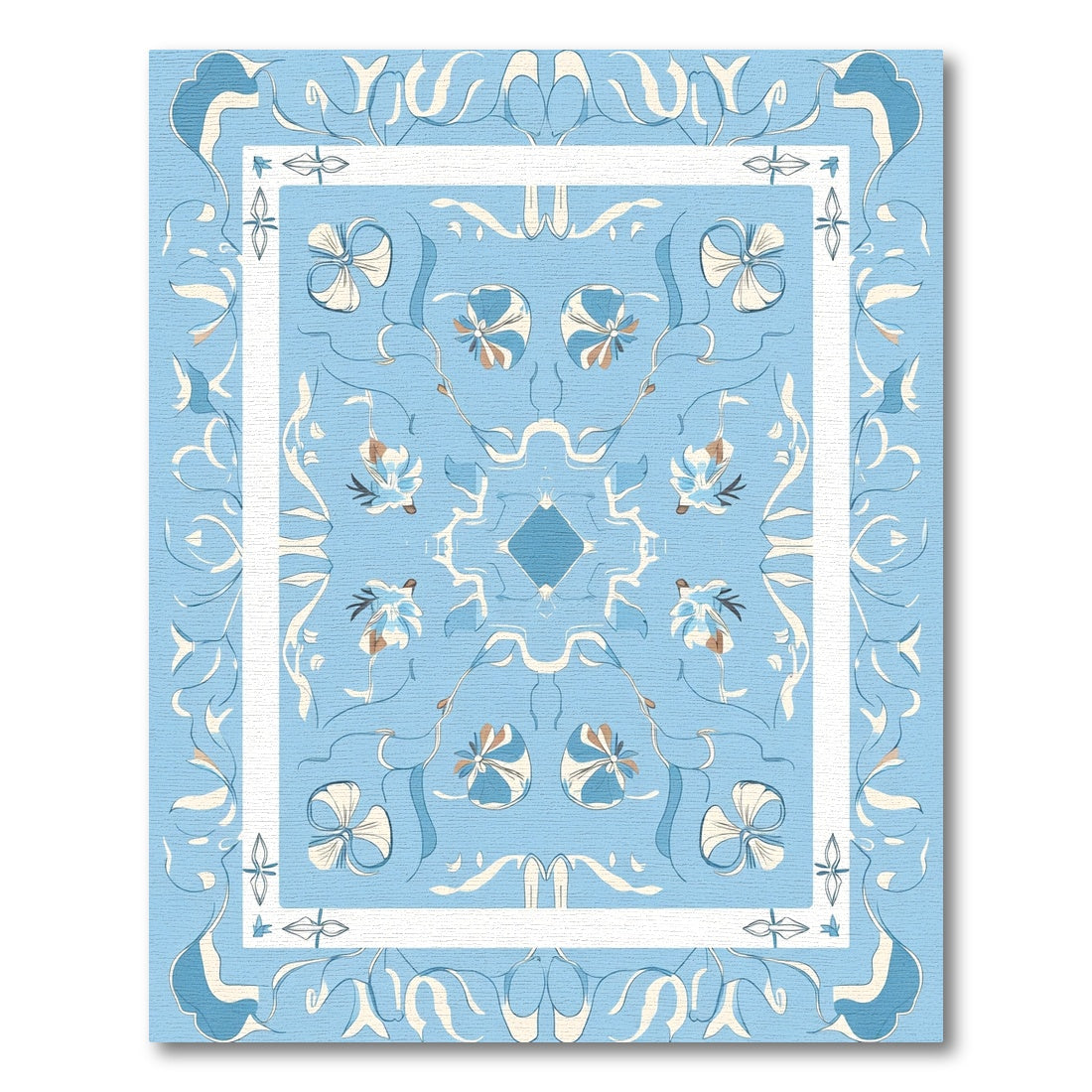 Light Blue Floral Scrollwork Frame Rug