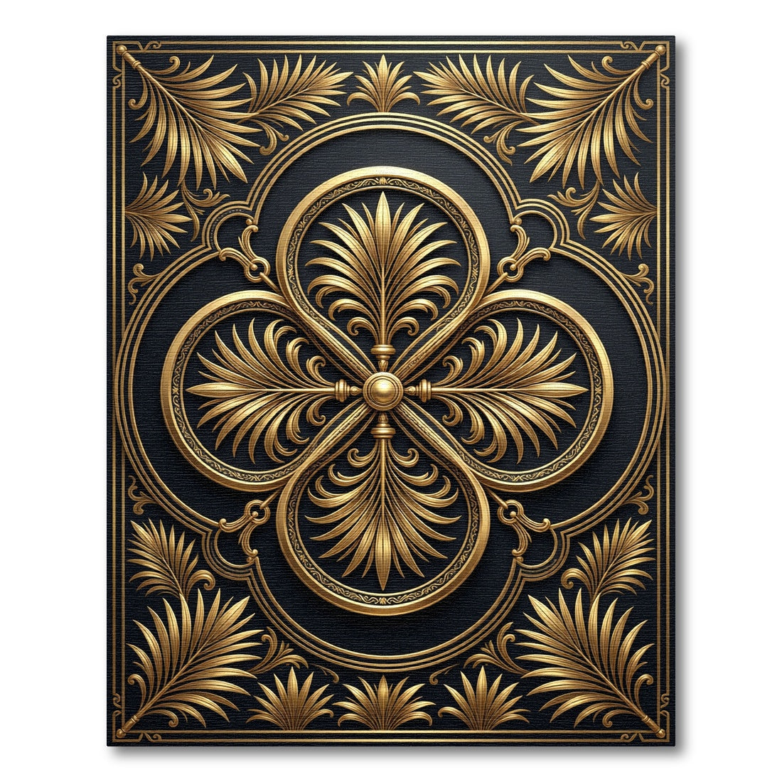 Gilded Black Ornate Palm Leaf Rug