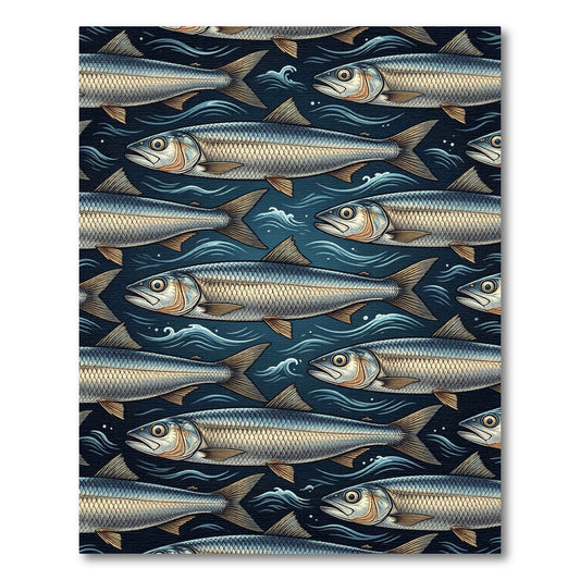 Midnight Blue Herring School Coastal Art Rug